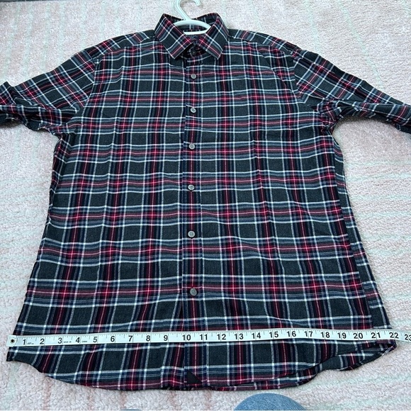 NWOT Untuckit Gray Red Navy Plaid Cotton Button Front Shirt Size Large Slim Fit - Picture 8 of 10